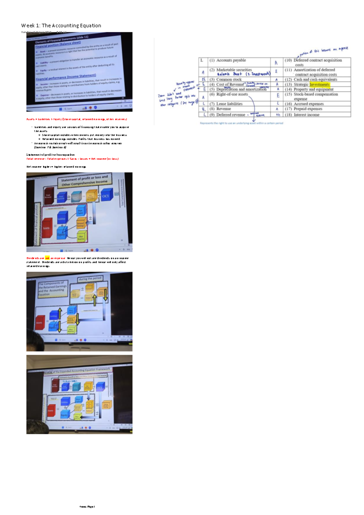 AD1102 Week 1 The Accounting Equation Summary - Assets = Liabilities ...