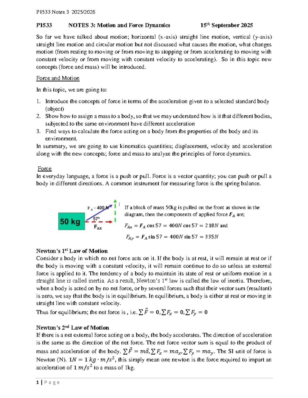 P1533 Notes 3: Dynamics of Motion and Force Principles (2025/2026 ...