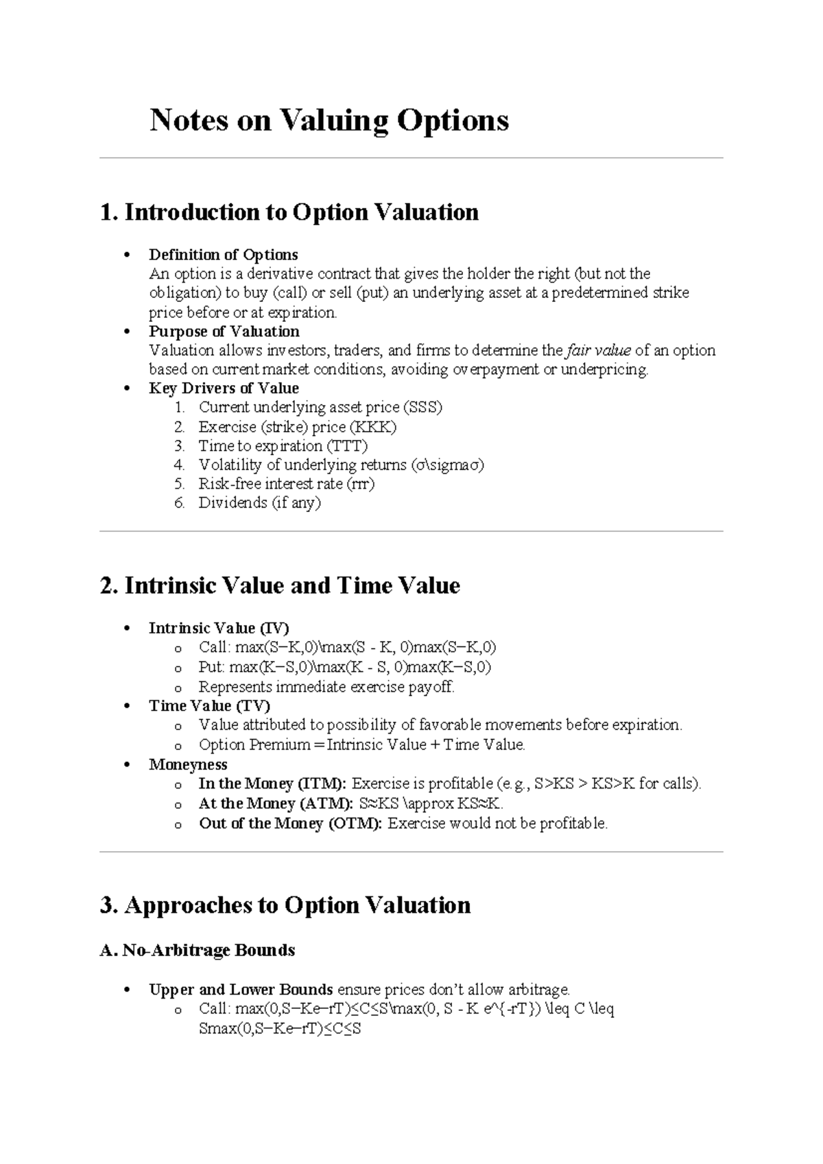 Option Valuation Notes: Key Concepts & Models for Finance 101 - Studocu