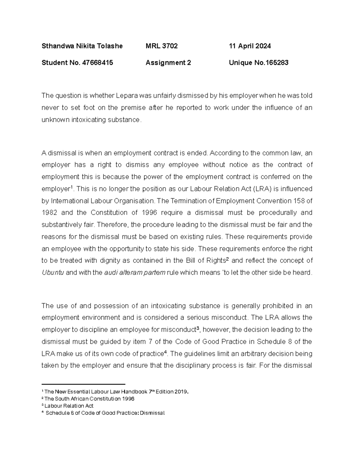 MRL 3702 Labour Law Assignment 2: Unfair Dismissal Analysis - Studocu