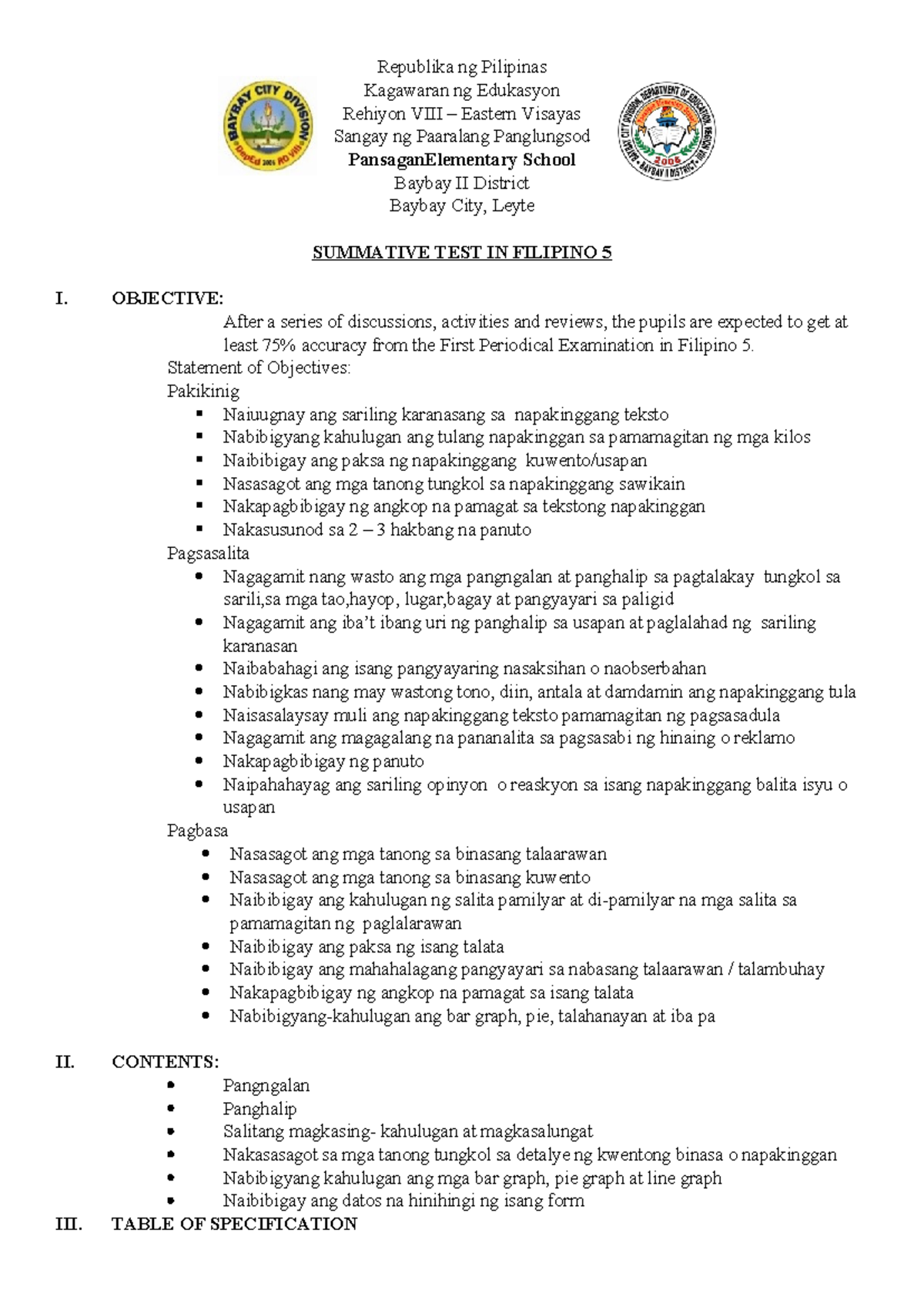 Summative Test in Filipino 5 (T2-FIL5) - Evaluation and Objectives ...