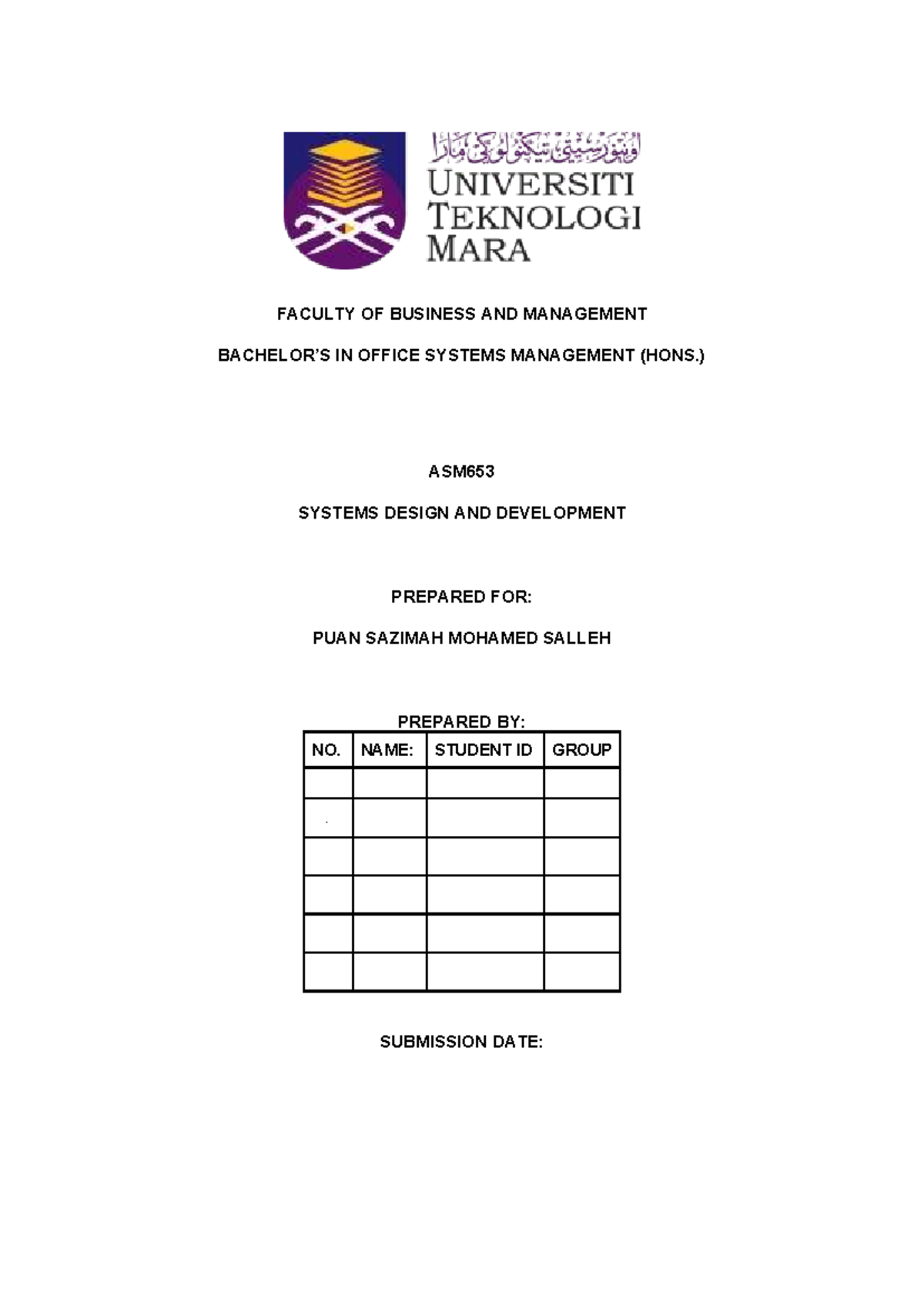 Front Cover Template Group Project (ASM653) - Systems Design and ...