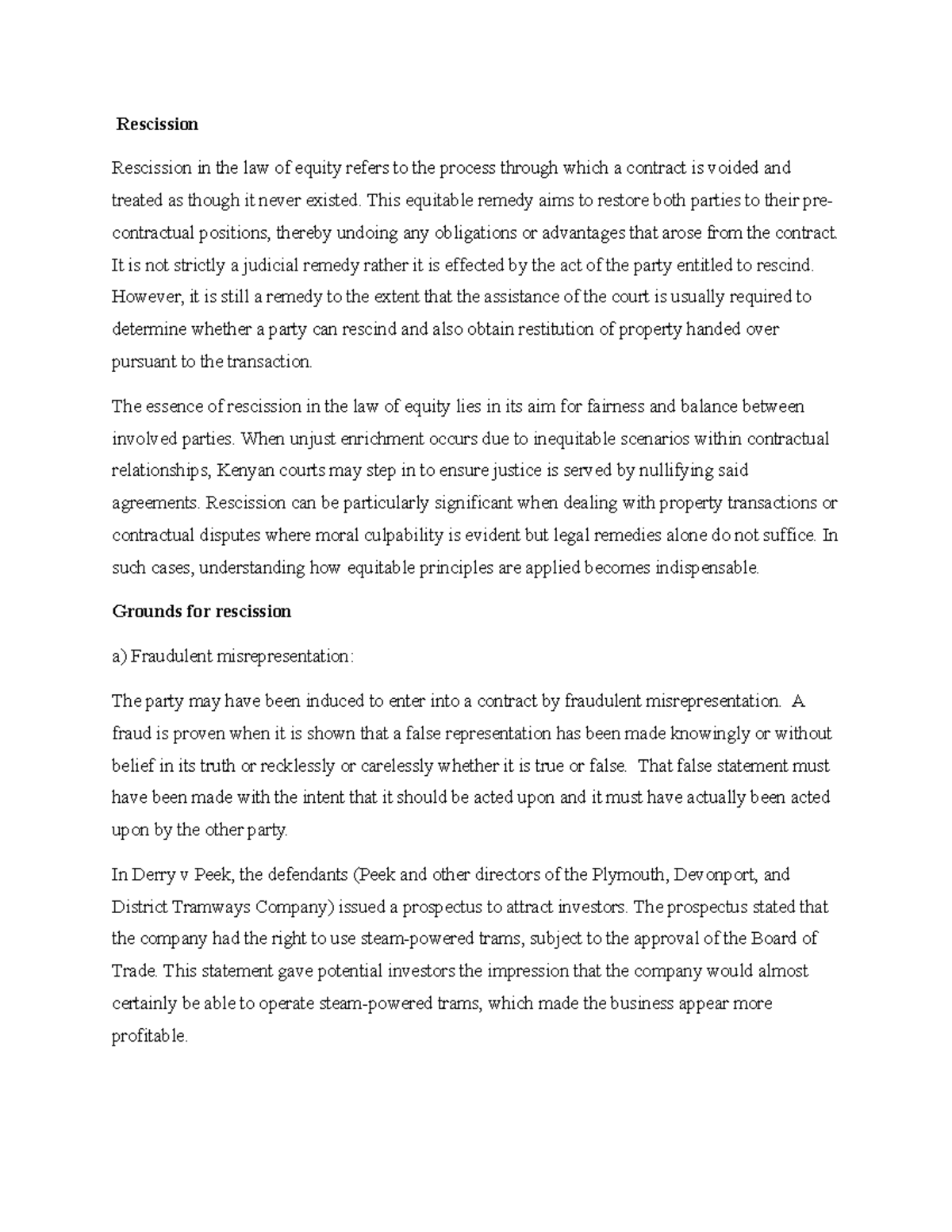 Equity 105036: Key Concepts of Rescission and Misrepresentation - Studocu