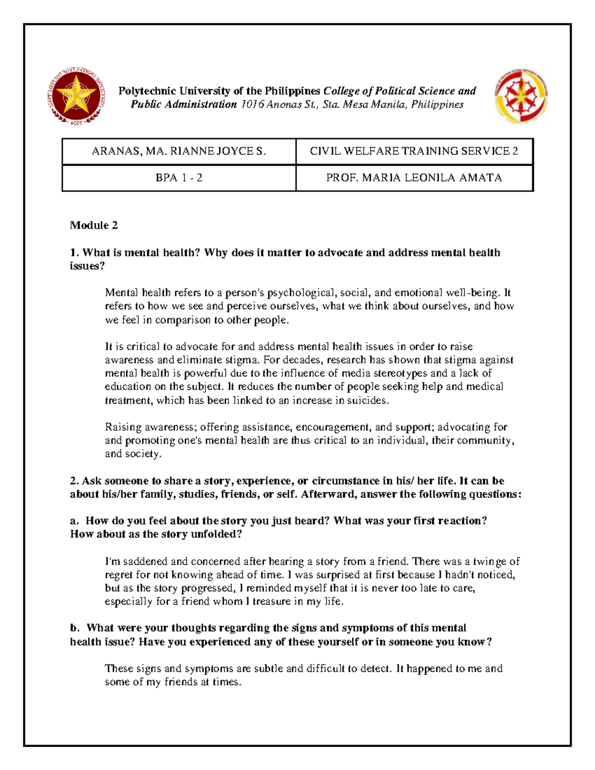 BPA 1-2 CWTS 2 - Module 2: Advocacy for Mental Health Awareness - Studocu