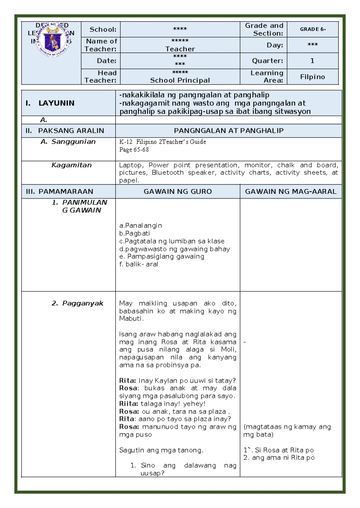 DLL Filipino 6 Q3 W3 Lesson Plans and Activities - Education - Studocu