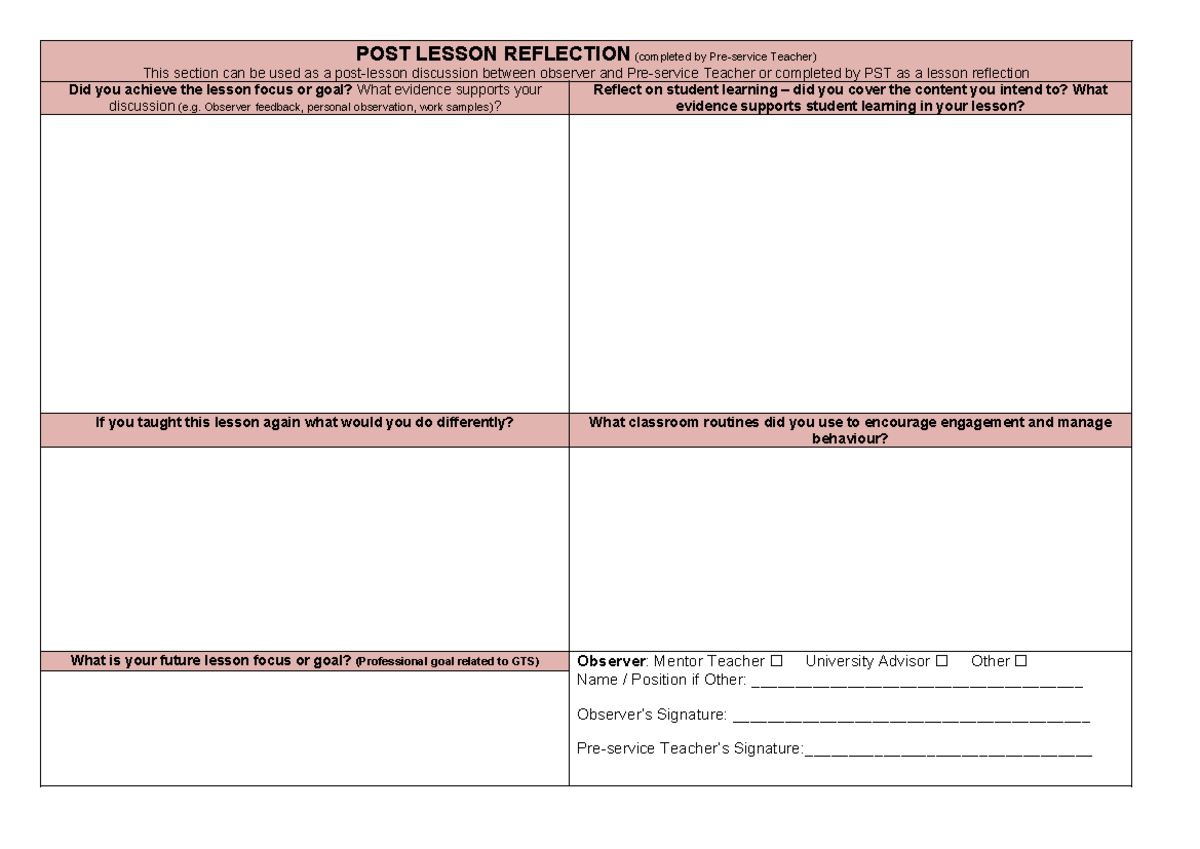 Primary PST daily reflection - POST LESSON REFLECTION (completed by Pre ...