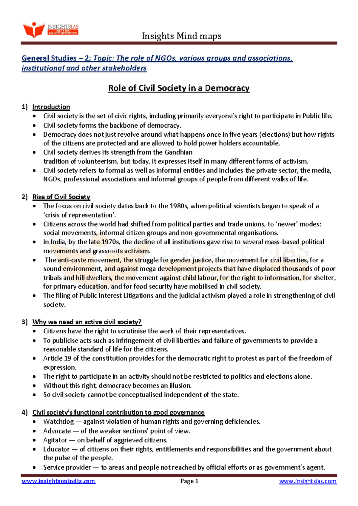 GS-2 Insights on the Role of Civil Society in Democracy - Studocu