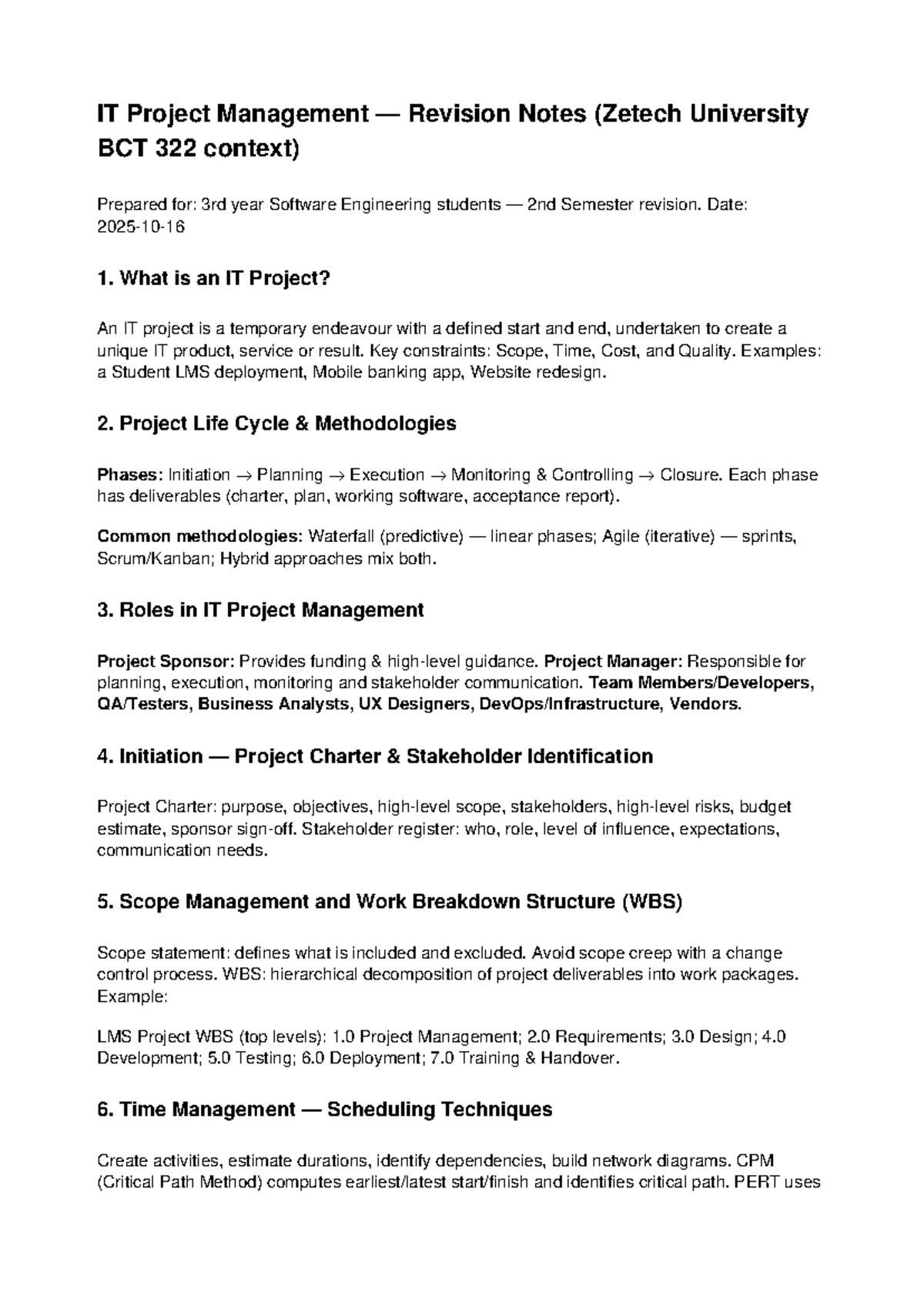 IT Project Management Revision Notes (BCT 322) for 3rd Year Students ...