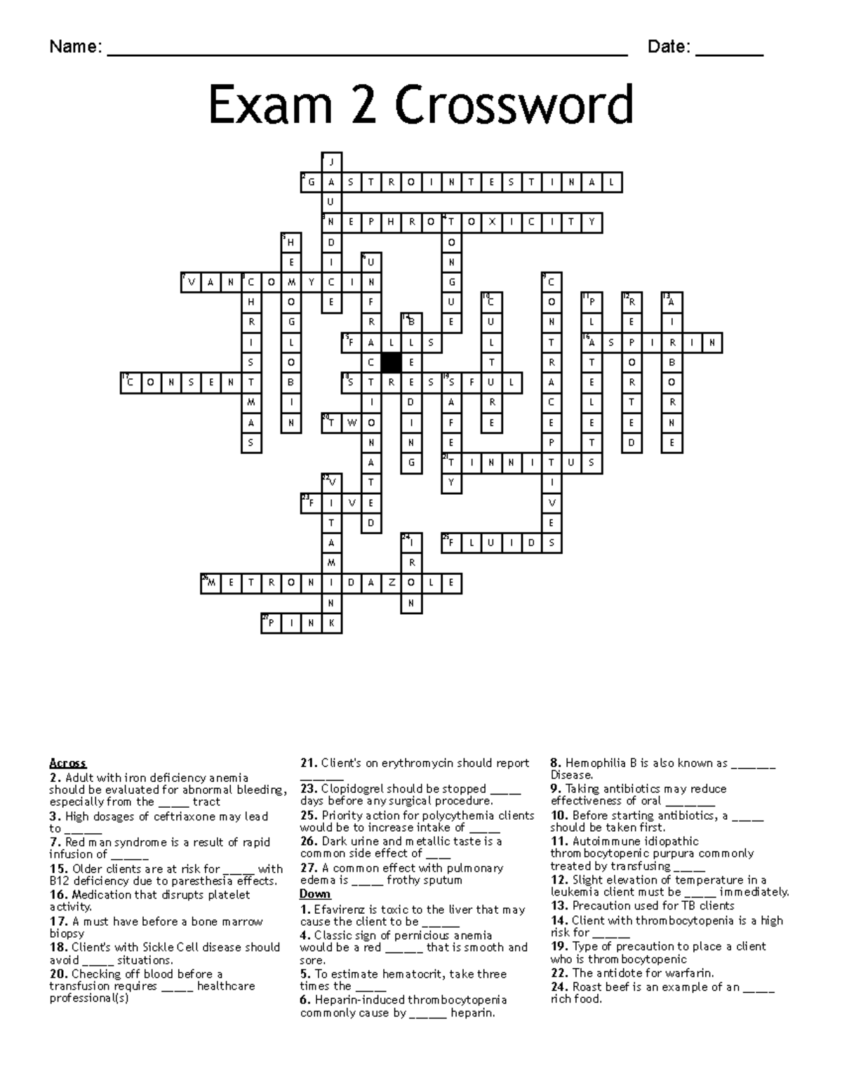 NUR 202 Exam 2 Crossword Answer Key on Toxicity and Anemia - Studocu