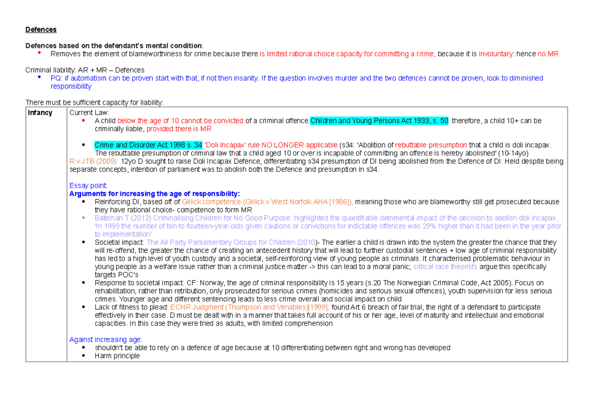 Defences - Summary Criminal Law (Level 5) - Defences Defences based on ...