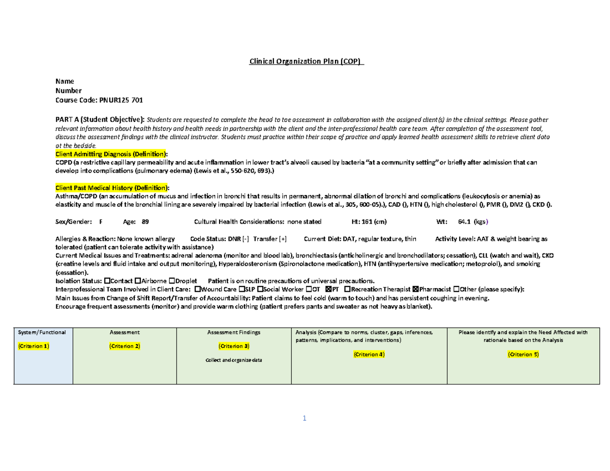 Summer 2025 Clinical Organizational Plan Template Weeks 9 - Clinical ...