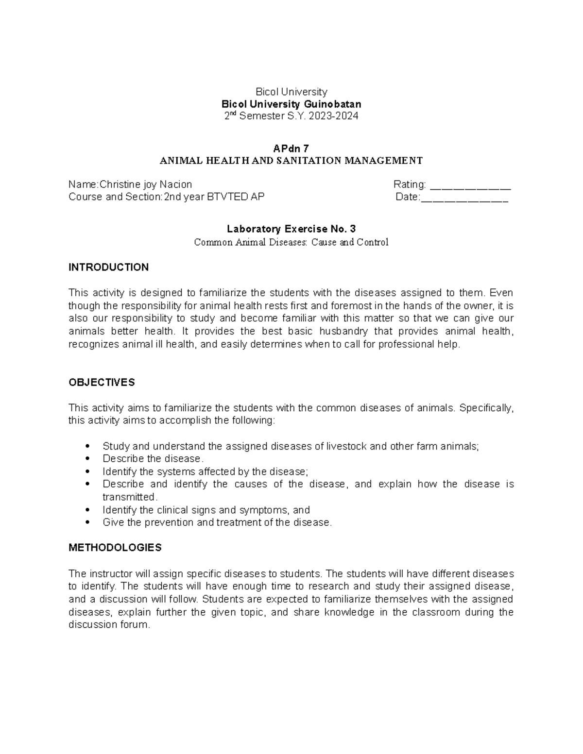 APdn 7 Lab Exercise No. 3: Understanding Hemolytic Icterus in Animals ...