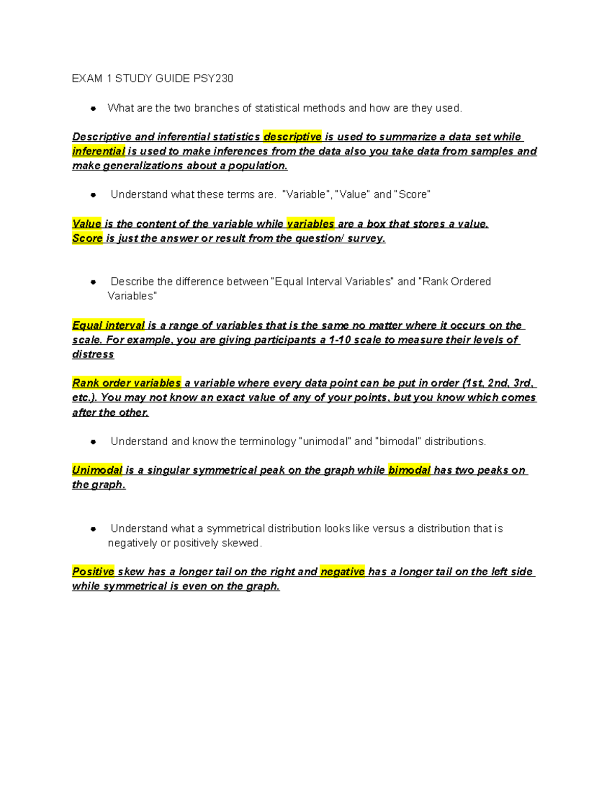 PSY 230 Exam 1 Study Guide - Intro to Statistics Key Concepts - Studocu