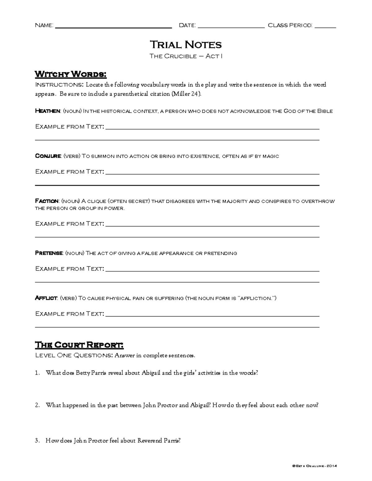 The Crucible (ENG 101) Act I Trial Notes & Vocabulary - Studocu