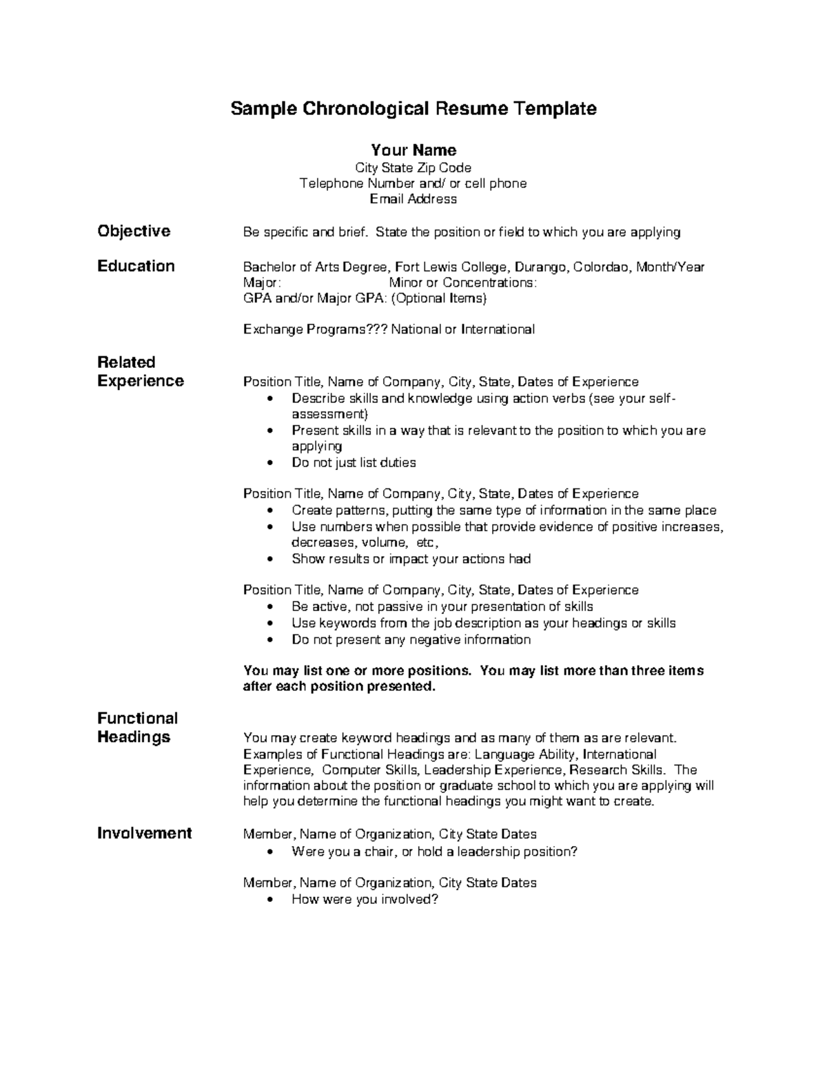 Sample Chronological Resume Template - State the position or field to ...