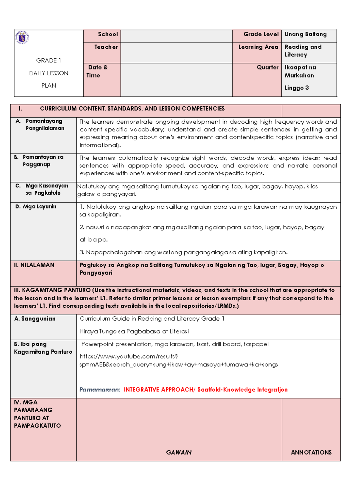 COT- Reading and Literacy 1 - Daily Lesson Plan for Q4 W3 - Studocu