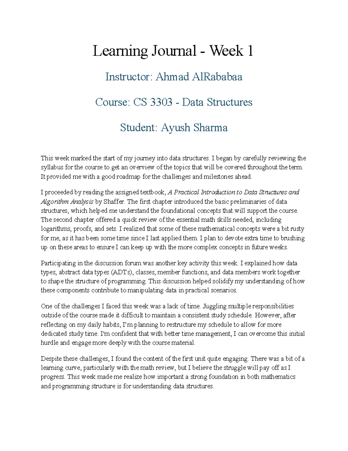 Learning Journal Data Structures - Learning Journal - Week 1 Instructor ...