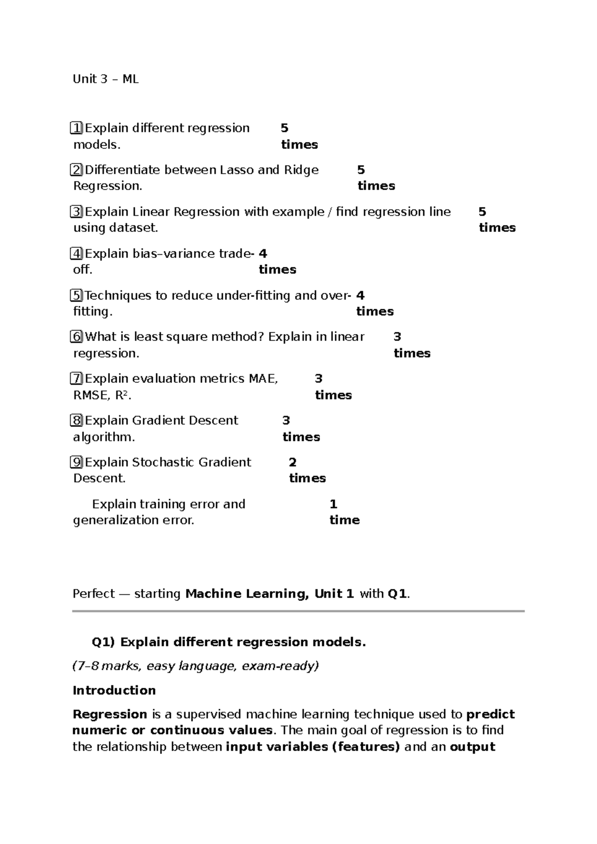ML Unit 3: Comprehensive Notes on Regression Models and Techniques ...