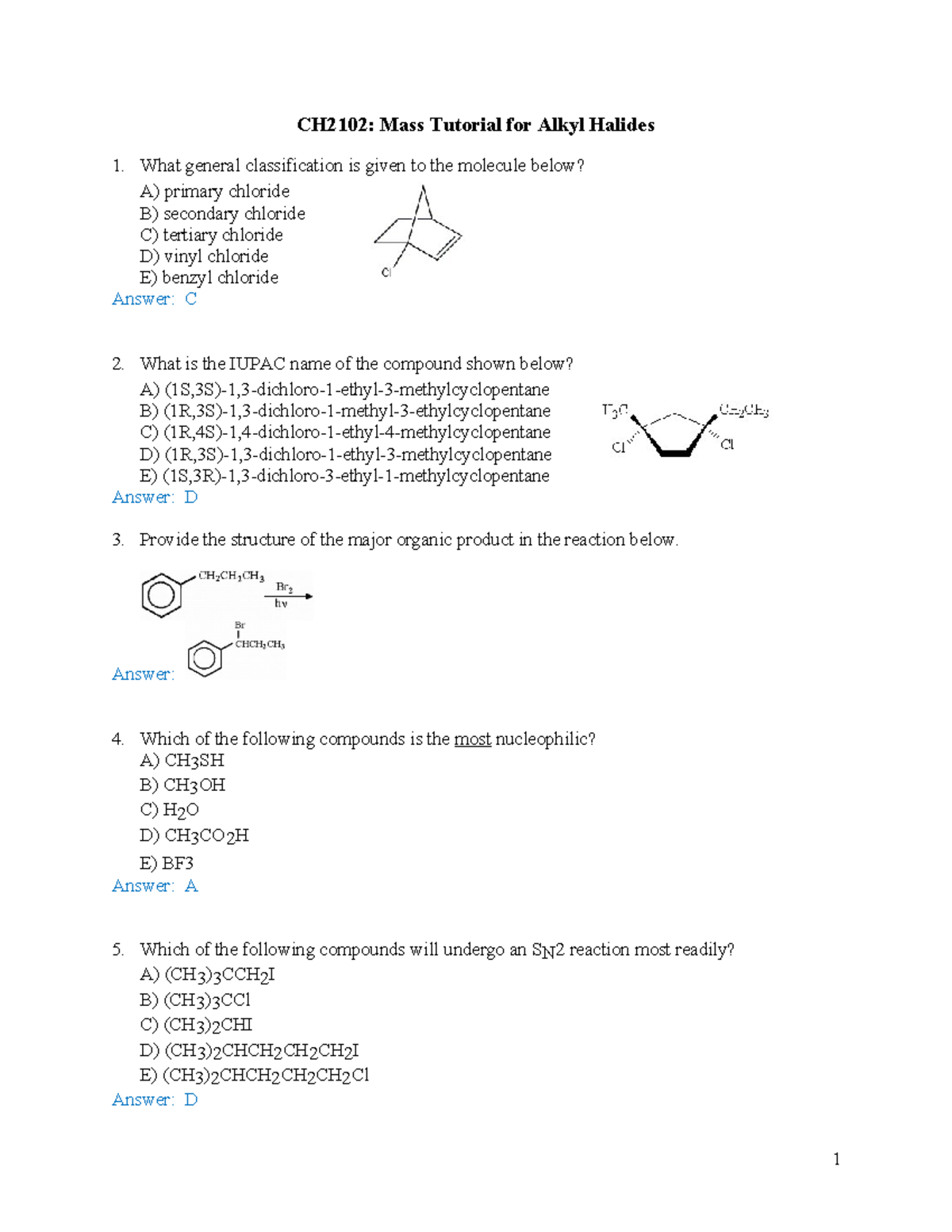CH2102: Tutorial 4 Answers on Alkyl Halides and Reactions - Studocu
