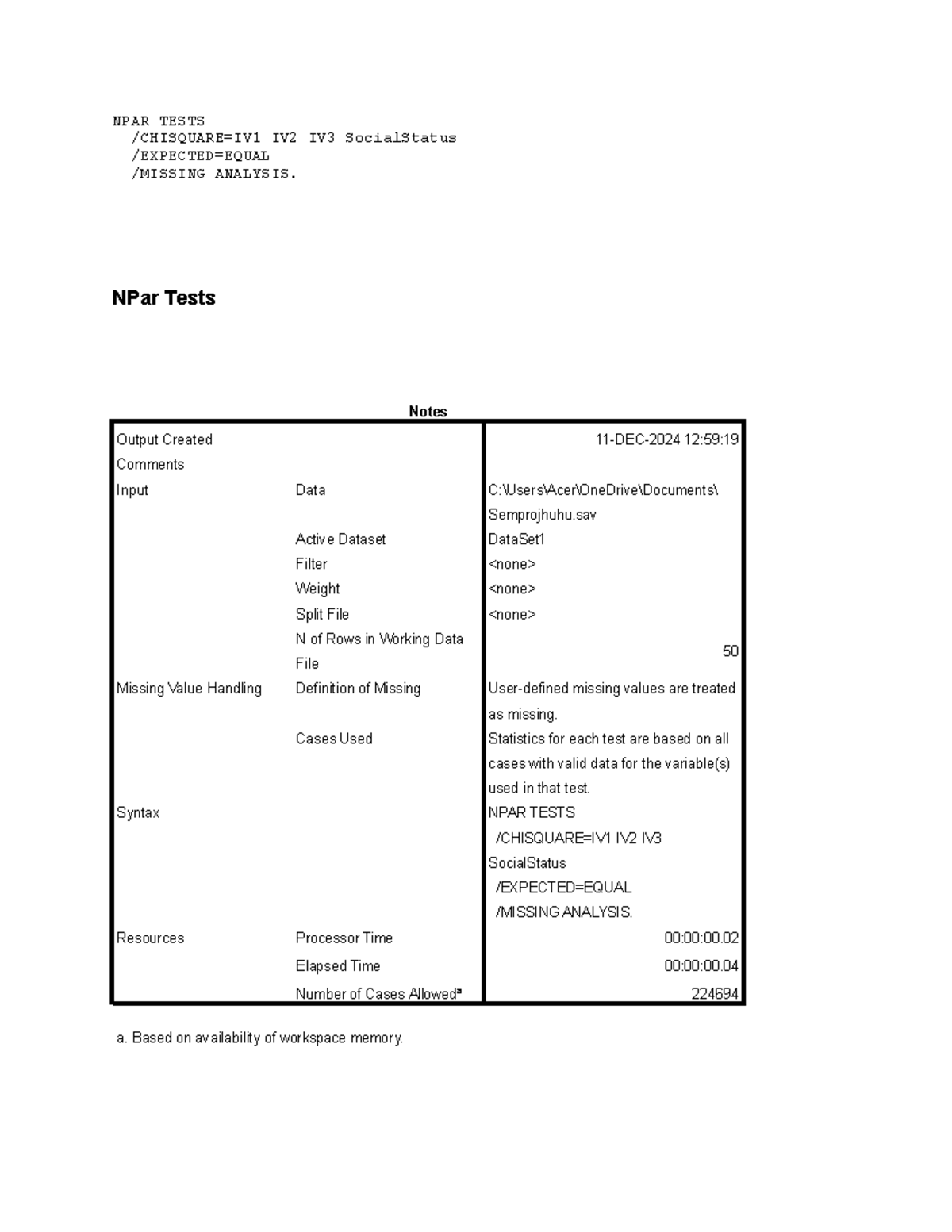 Dataa 22 - Sample - NPAR TESTS /CHISQUARE=IV1 IV2 IV3 SocialStatus ...