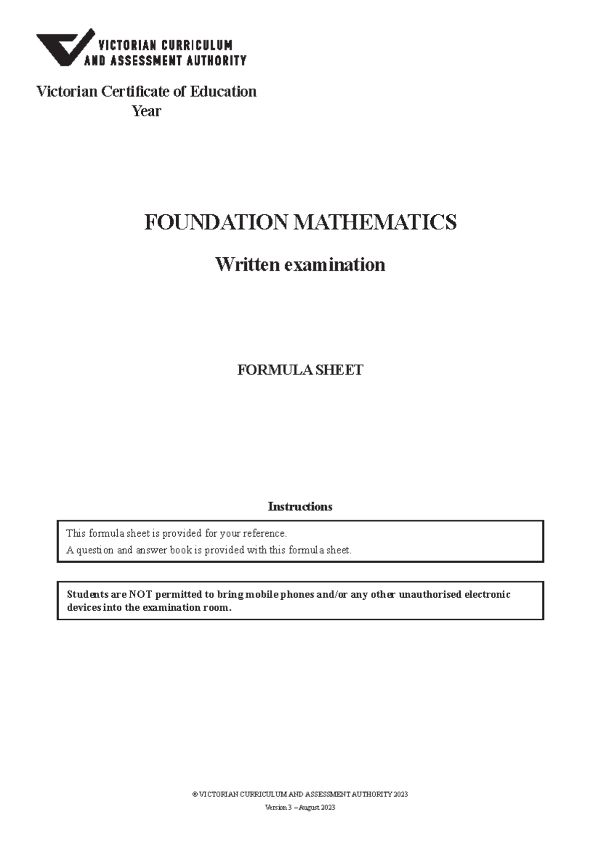 FM Foundation Mathematics Formula Sheet for Written Examinations - Studocu