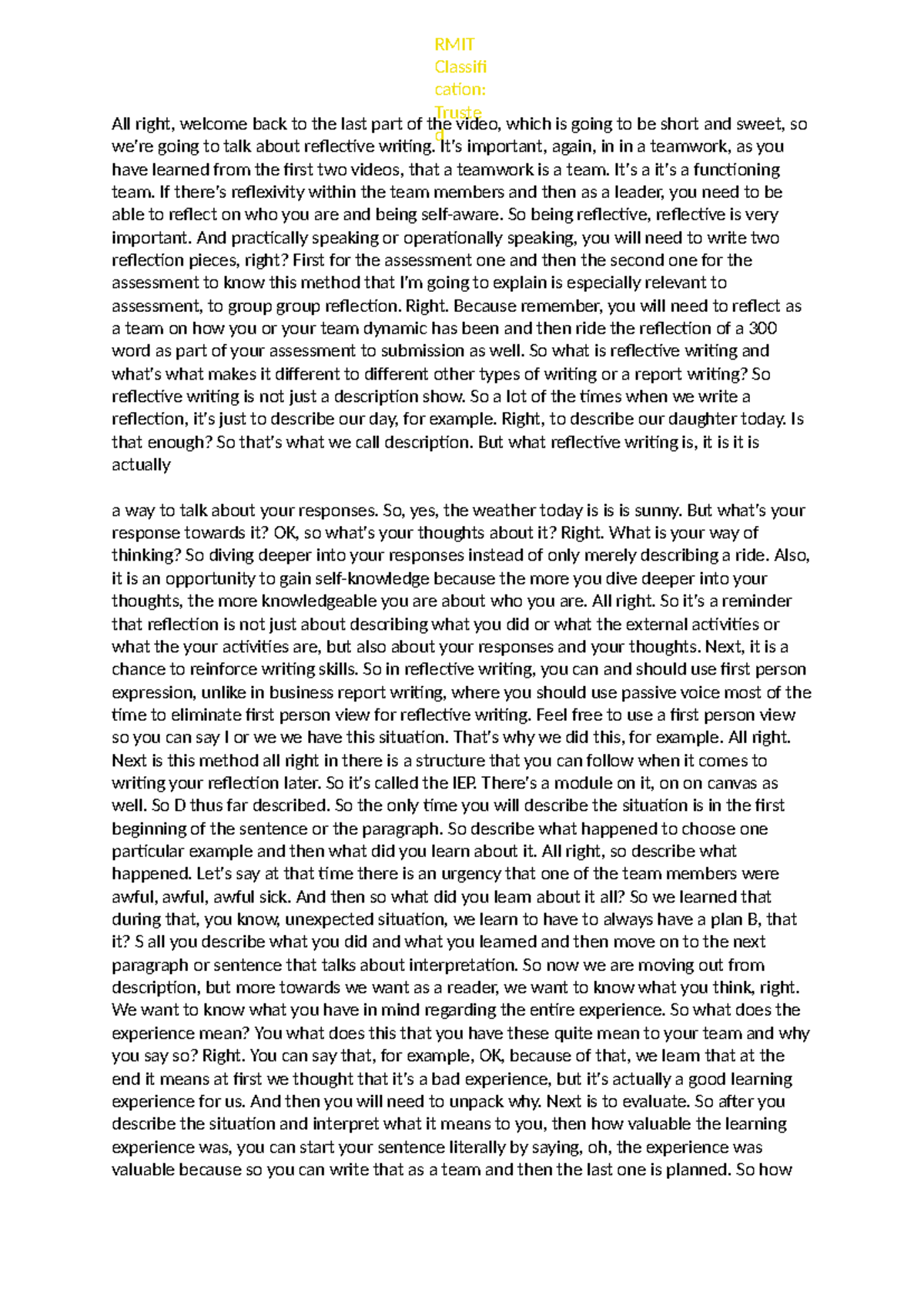 RMIT Reflective Writing Guide for Team Assessments - Studocu
