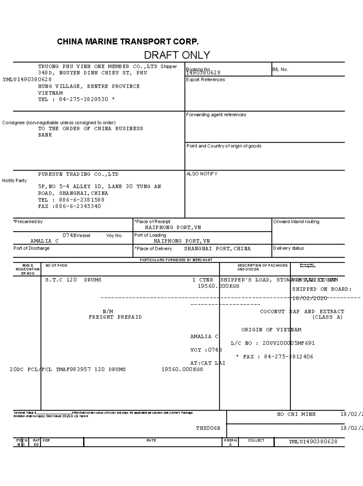 12313123 - China Marine Transport Corp. Shipping Document Draft - Studocu