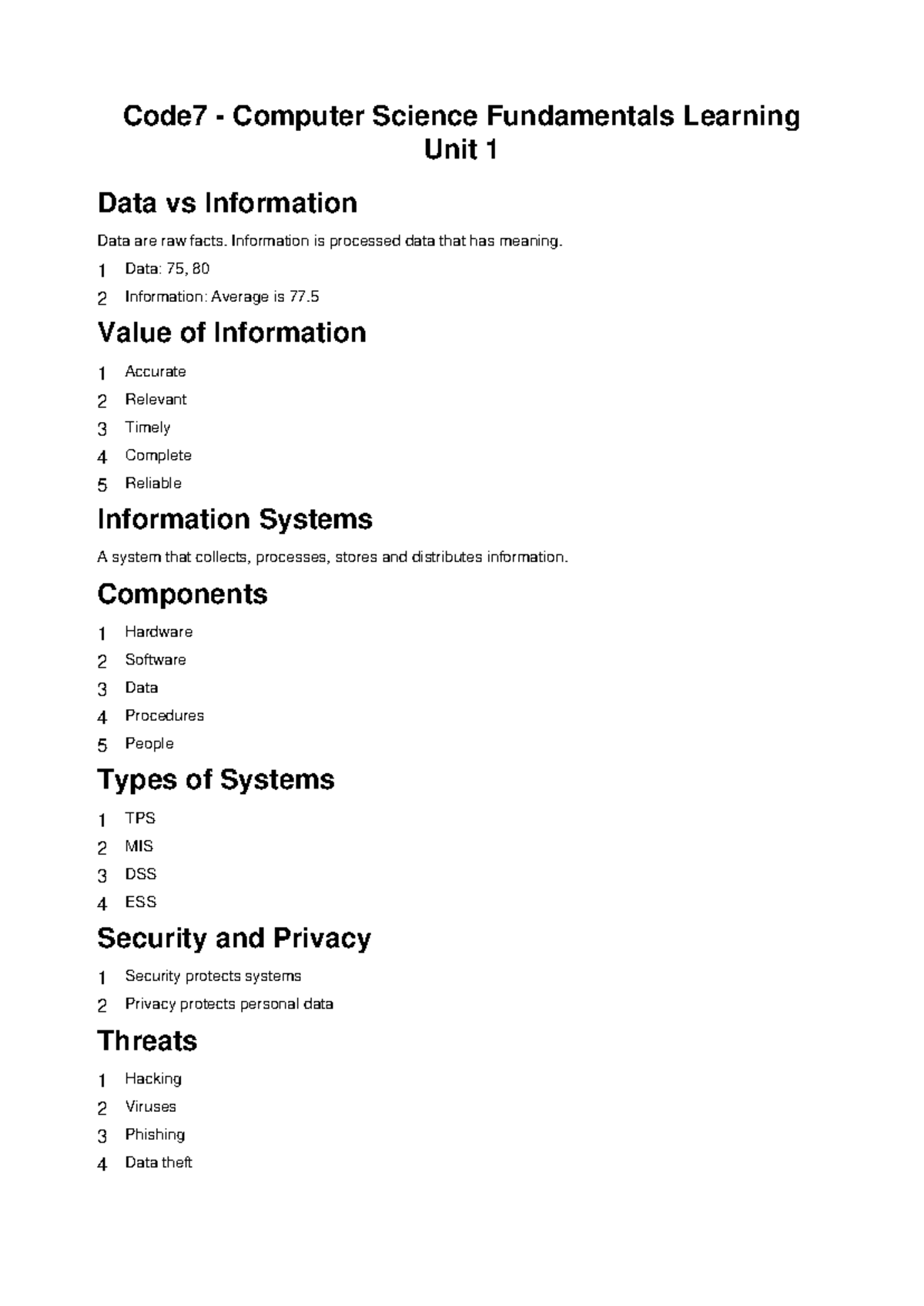 Code7 Computer Science Fundamentals: Unit 1 - Data vs Information - Studocu