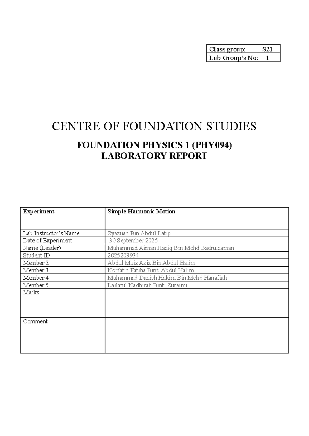 Simple Harmonic Motion Lab Report (PHY094) - Group 1 - Studocu