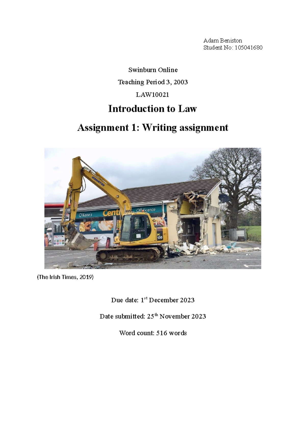 Submitted Assignment Police Report LAW10021 - Adam Beniston Student No ...