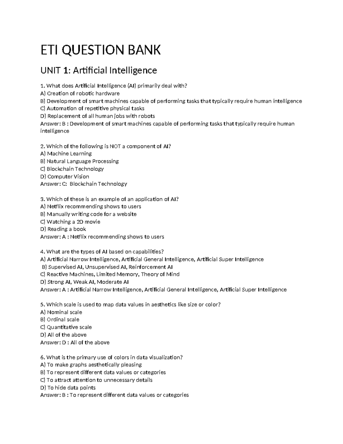 ETI UNIT 1: Artificial Intelligence Question Bank and Notes - Studocu
