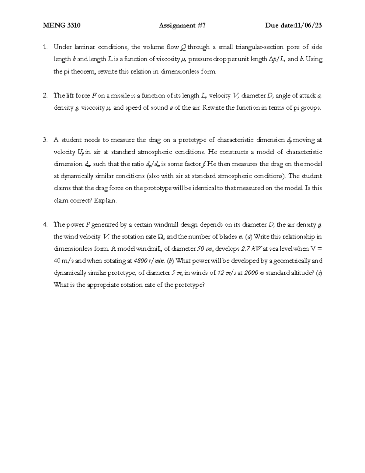 Homework 7 - MENG 3310 Fluid Flow and Forces Analysis - Studocu