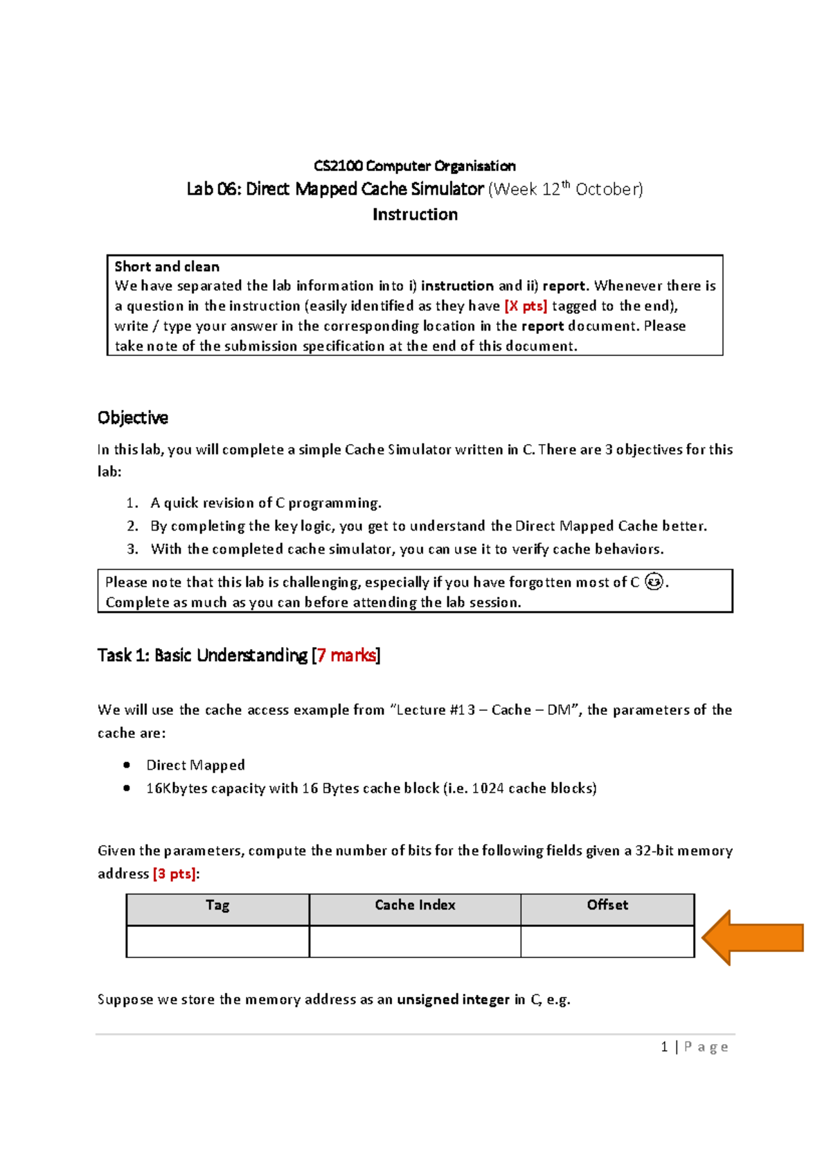 CS21 Lab 06: Direct Mapped Cache Simulator Instructions and Notes - Studocu