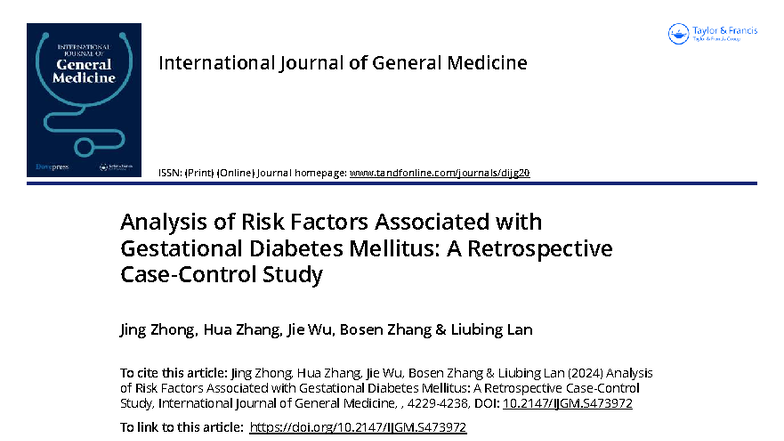 Analysis of Risk Factors for Gestational Diabetes Mellitus: A ...