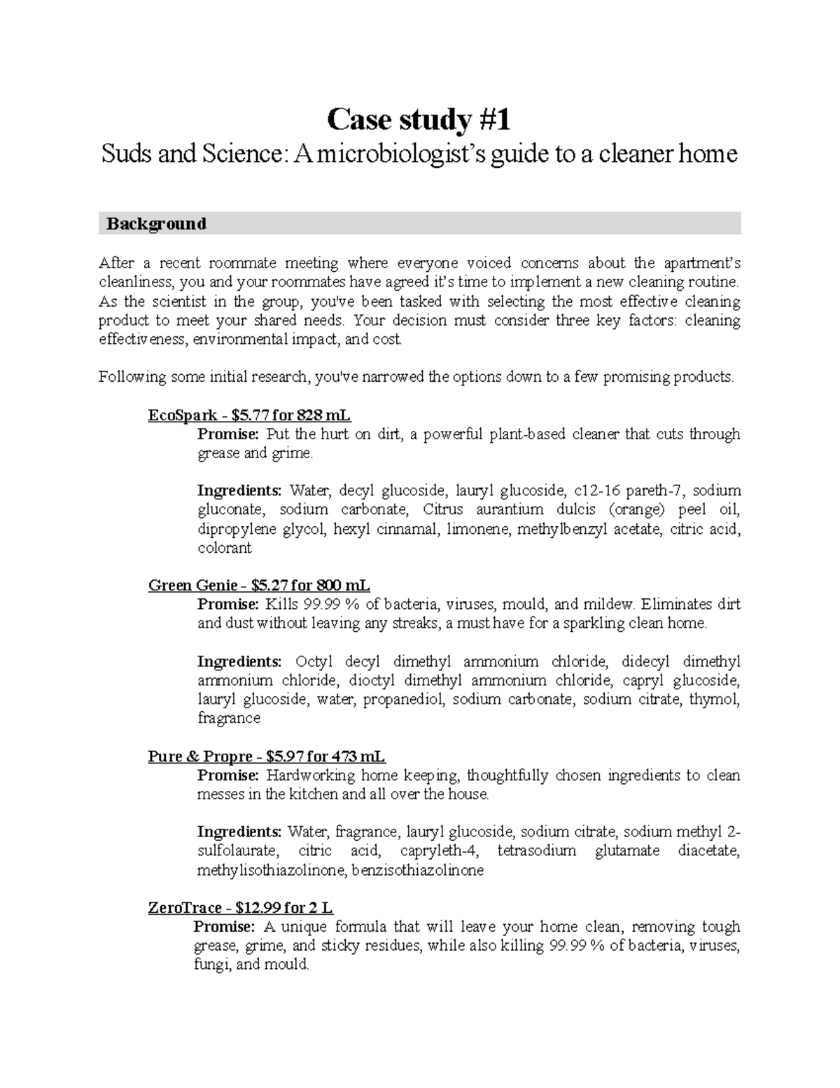 Case Study 1: Microbiology Lab on Eco-Friendly Cleaners - Studocu