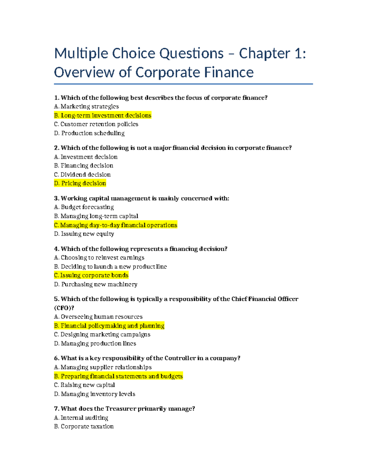 Chapter 1 CF MCQ Questions: Overview of Corporate Finance - Studocu