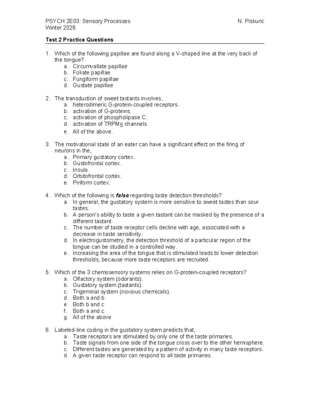 PSYCH 2E03: Sensory Processes Winter 2026 Test 2 Practice Questions ...