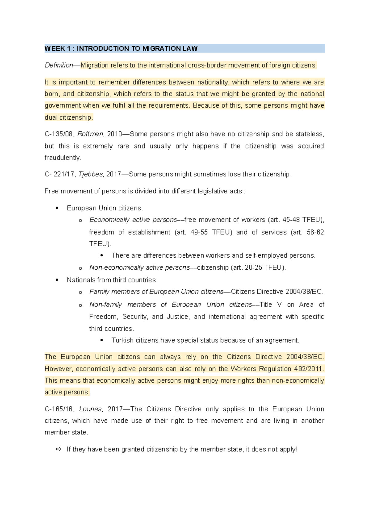 EU Migration Law C-135/08: Comprehensive Revision Notes on Free ...