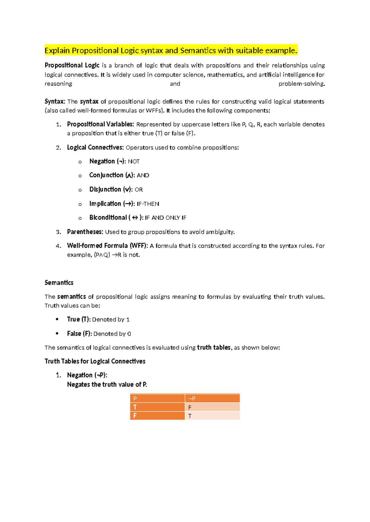 Question Bank - Explain Propositional Logic syntax and Semantics with ...