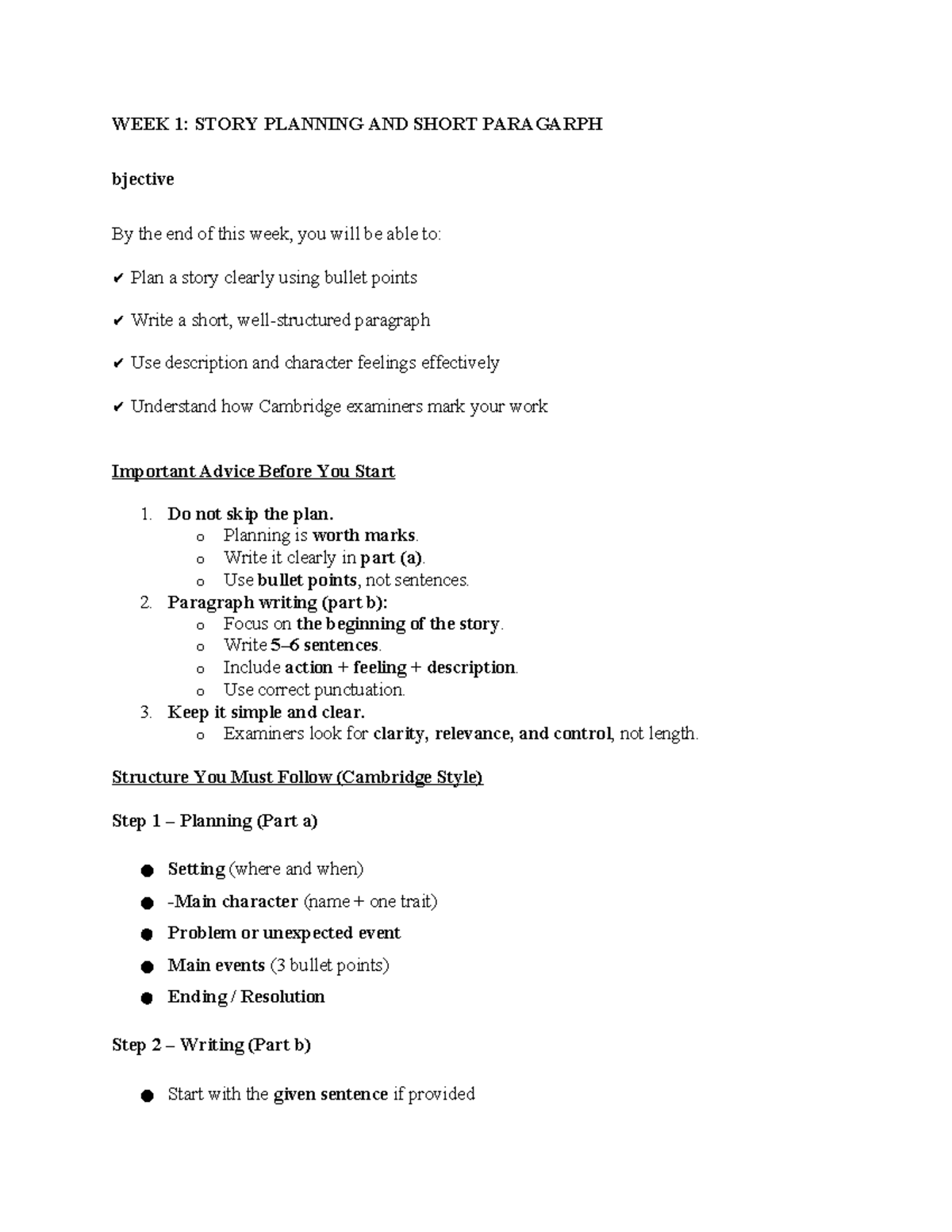 WEEK 1: STORY PLANNING & SHORT PARAGRAPH GUIDELINES - Studocu
