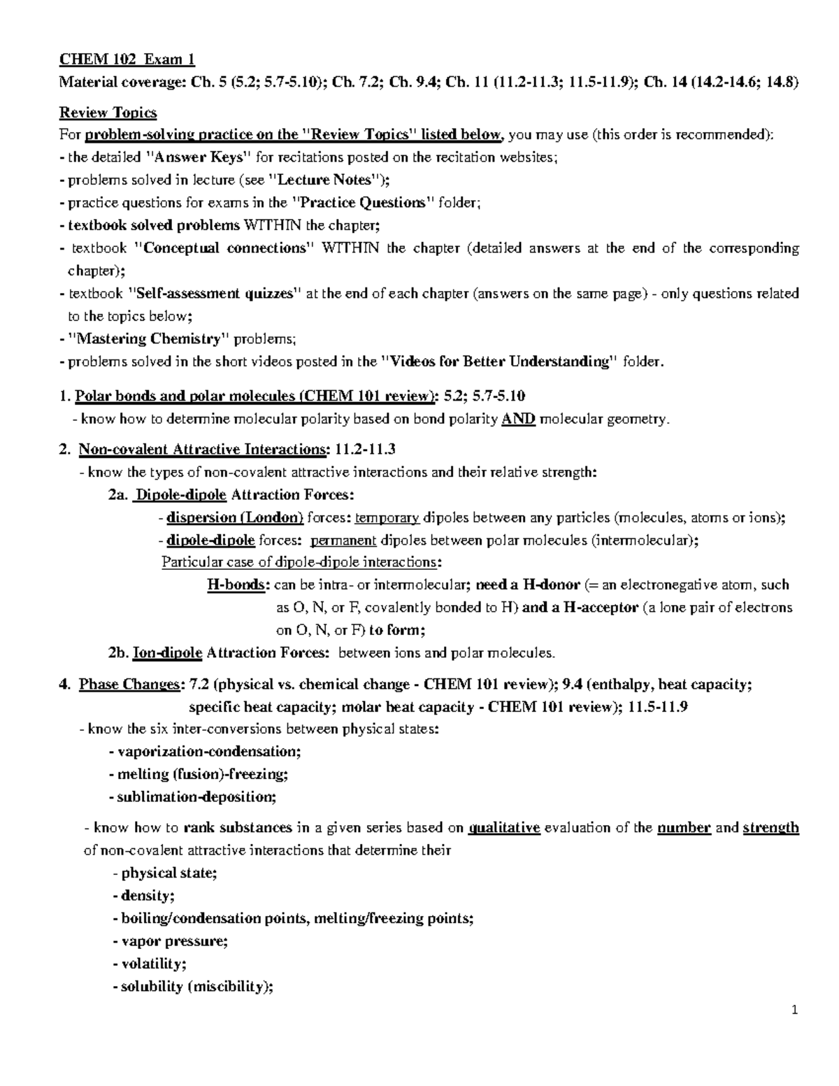 Review Topics CHEM 102 Winter 2022 Exam I - 1 CHEM 102 Exam 1 Material ...