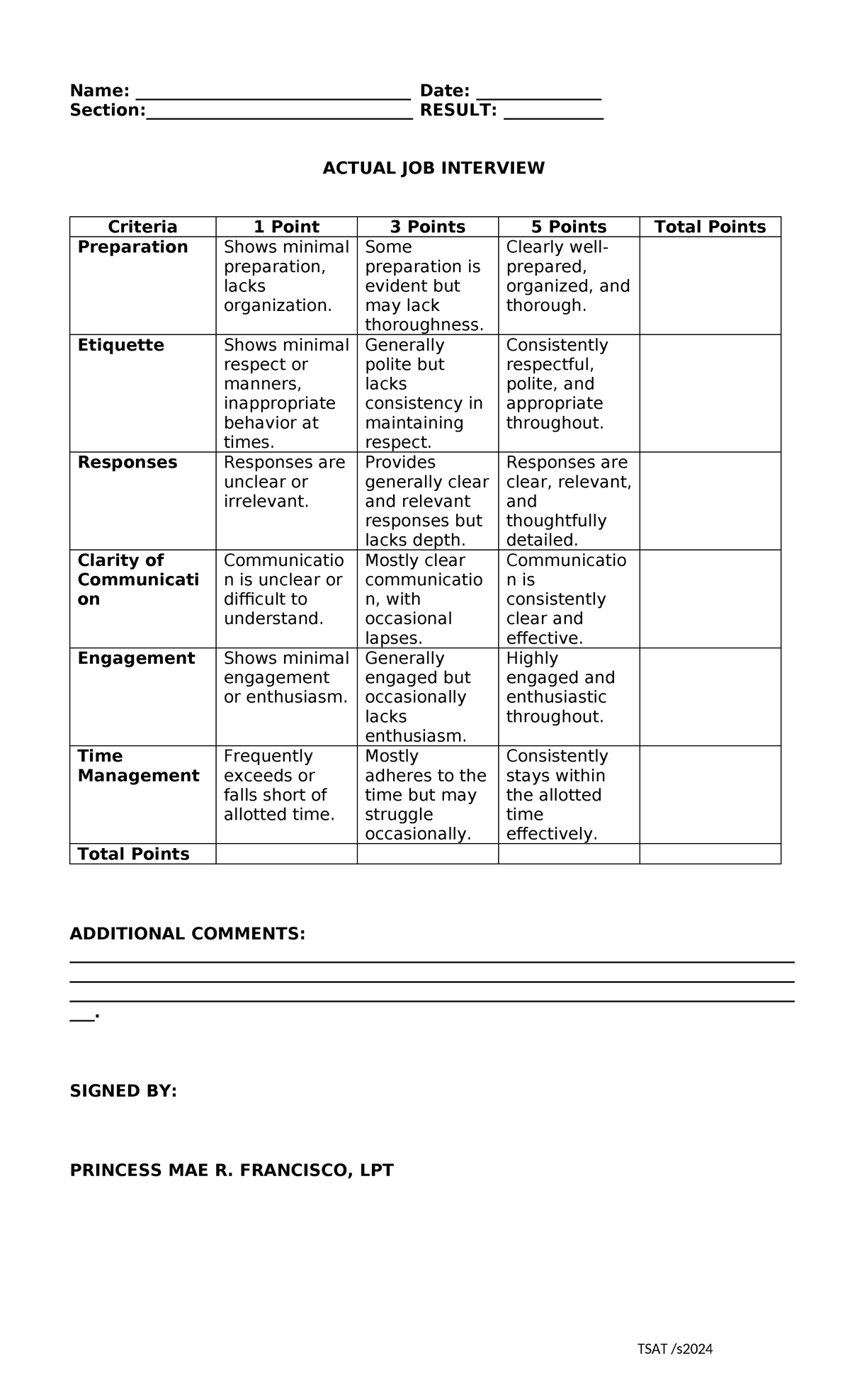 Rubric - JOB Interview - TSAT /s Name ...
