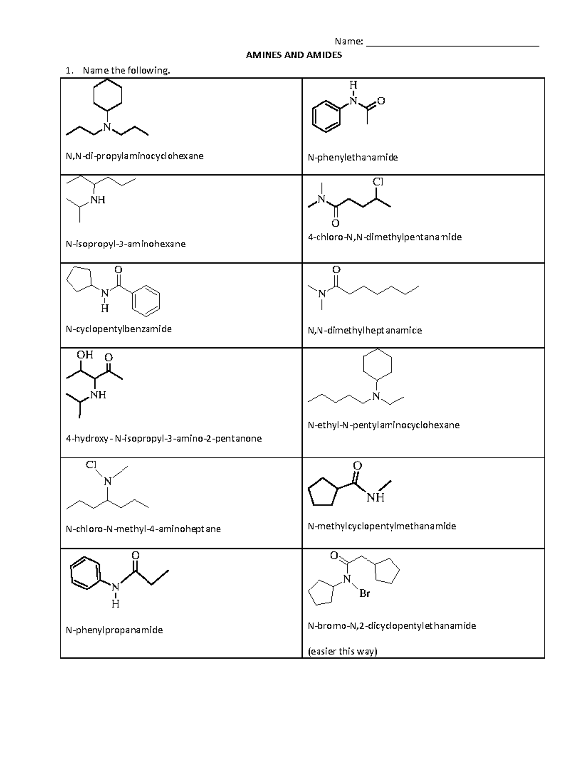 Amines and Amides Worksheet Key - Name ...