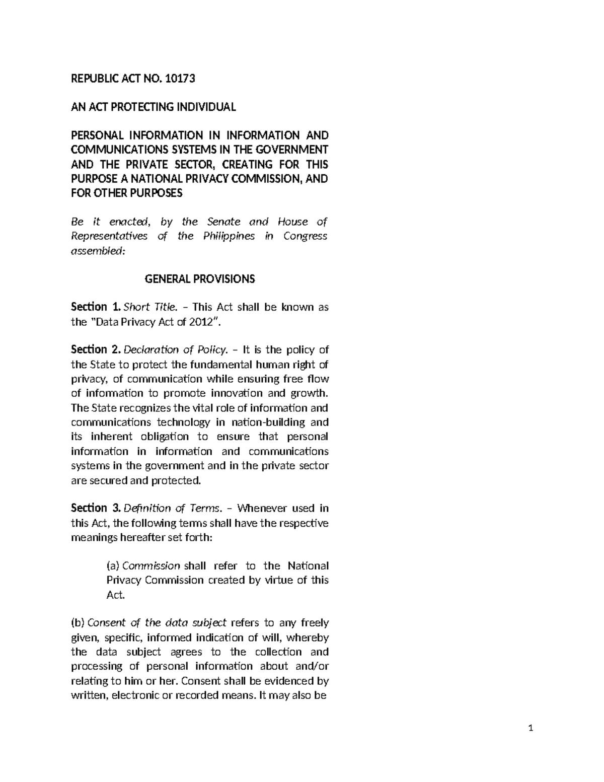 Data Privacy Act - LAW - REPUBLIC ACT NO. 10173 AN ACT PROTECTING ...