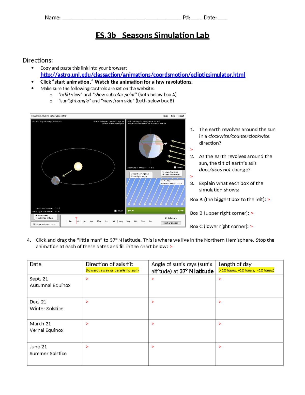 Es 3b Seasons Simulation Lab Directions And Observations Studocu