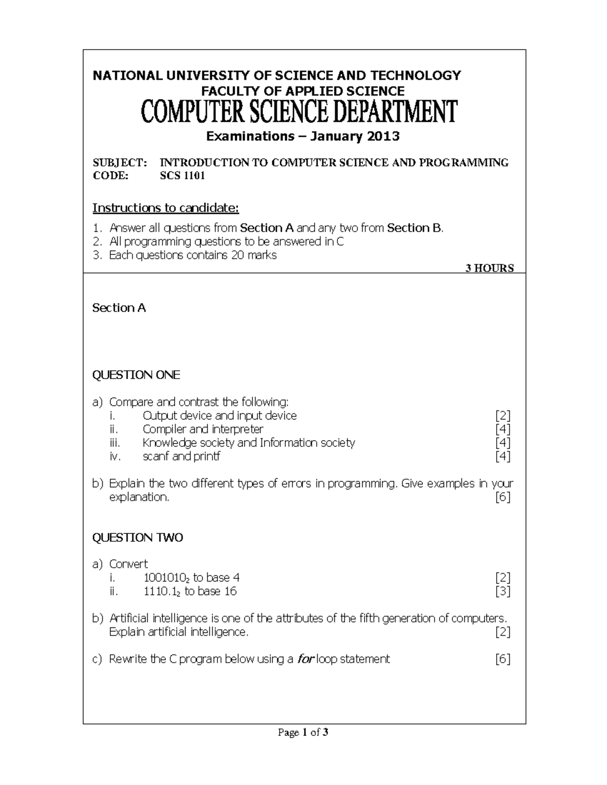 SCS 1101 Final Exam Paper: Introduction to Computer Science ...