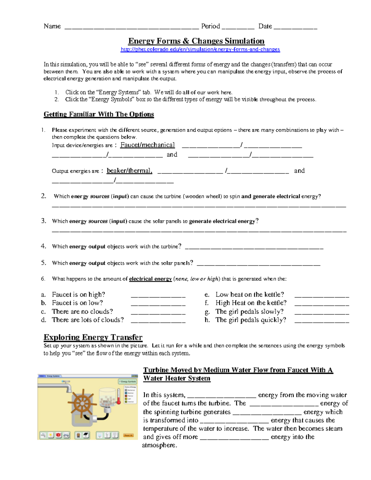 Energy Forms & Changes Simulation PHET 1: Exploring Energy Transfers ...