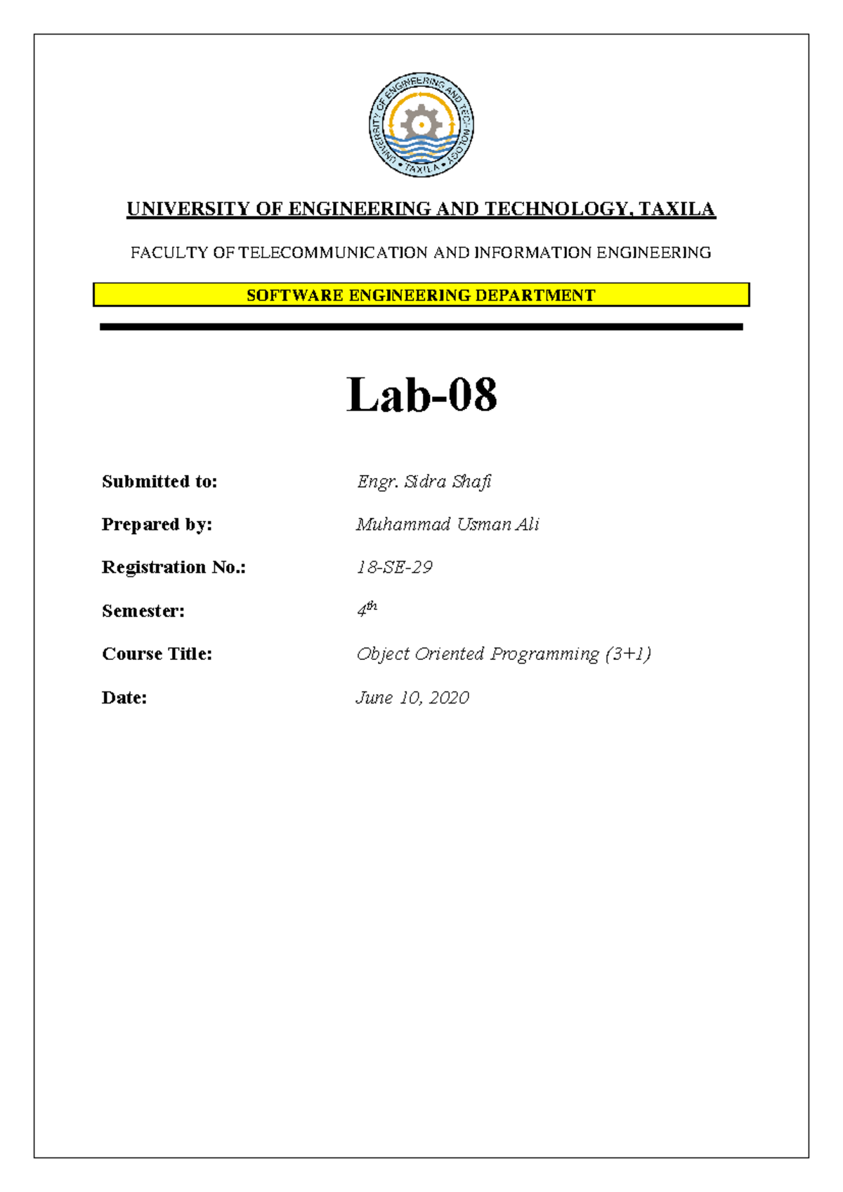 Object Oriented Programming Lab 8: Method Overloading in Java - Studocu