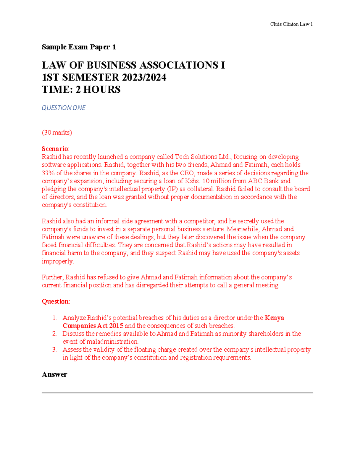 LBA 1st Sem 2023 Sample Exam Paper on Business Associations in Kenya ...