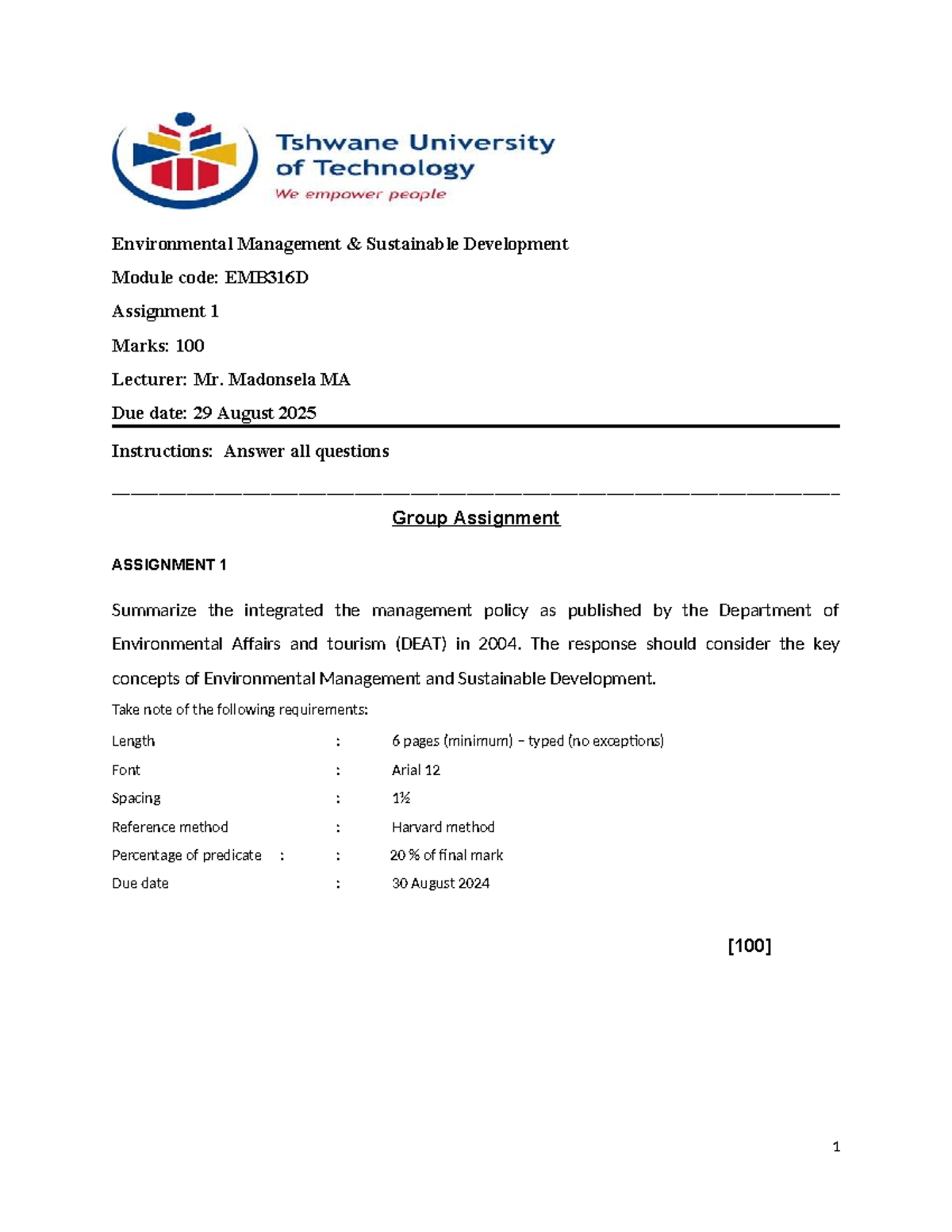 EMB316D Environmental Management & Sustainable Development Assignment 1 ...